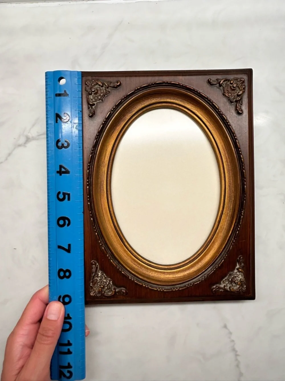 Vintage 1970 Oval Picture Frame Faux Wood & Gold Ornate 8x10 Decor